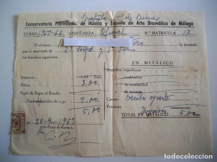 Documentos antiguos: IMPRESO DE MATRICULA - CONSERVATORIO DE MUSICA Y ESCUELA DE ARTE DRAMATICO DE MALAGA 1963