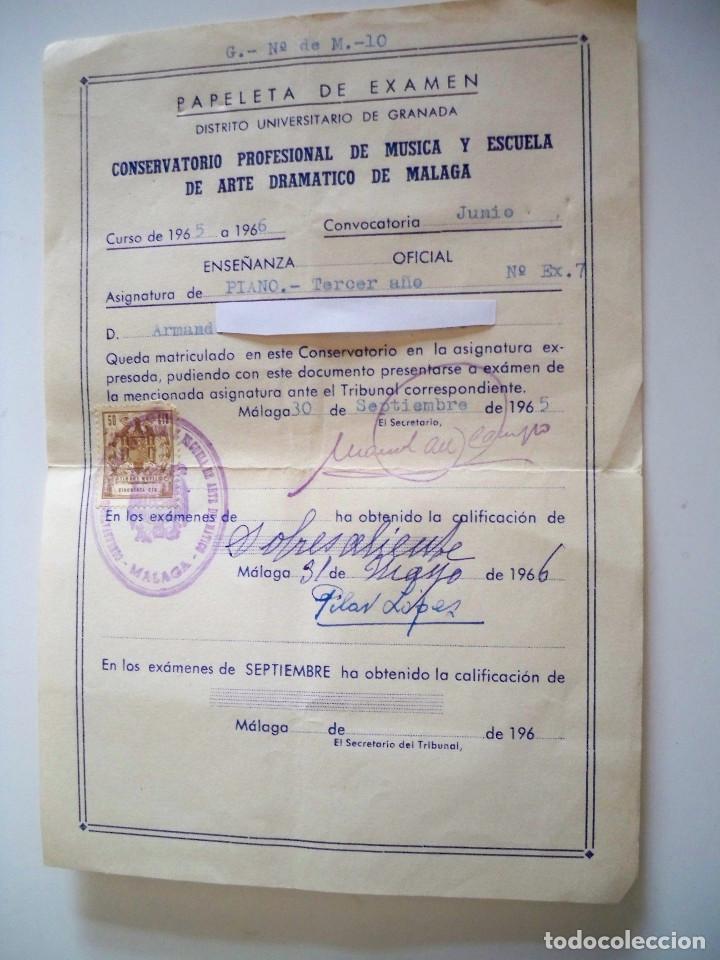 Documentos antiguos: PAPELETA DE EXAMEN - CONSERVATORIO DE MUSICA Y ESCUELA DE ARTE DRAMATICO DE MALAGA 1965/66