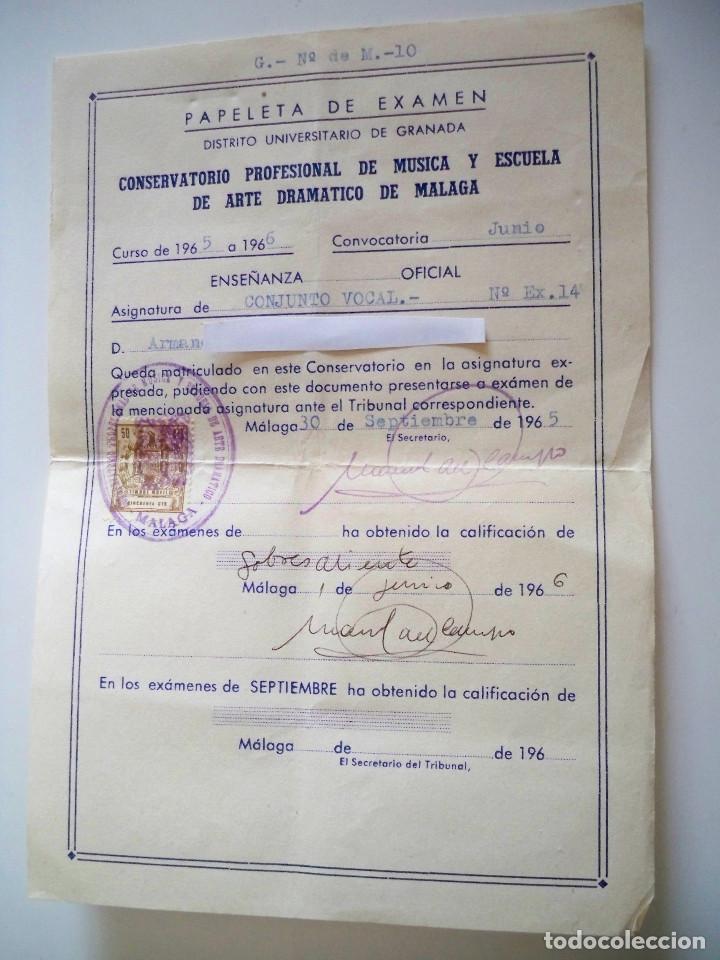 Documentos antiguos: PAPELETA DE EXAMEN - CONSERVATORIO DE MUSICA Y ESCUELA DE ARTE DRAMATICO DE MALAGA 1965/66