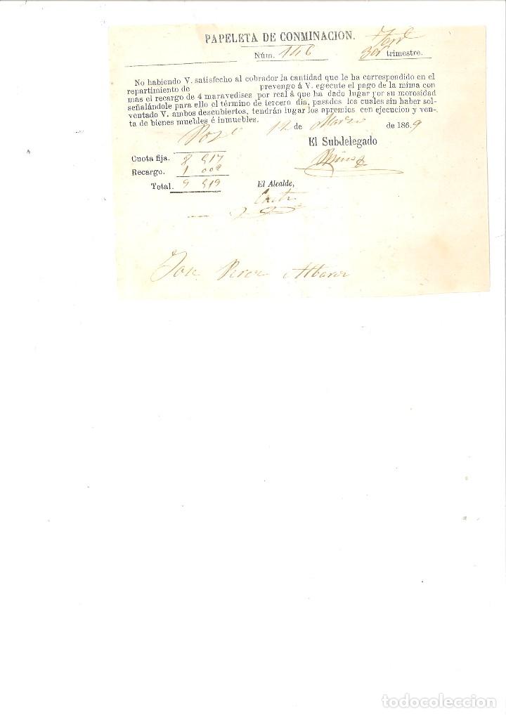 Documentos antiguos: PAPELETA DE CONMINACI&Oacute;N 12 DE MARZO DE 1869 - Foto 1