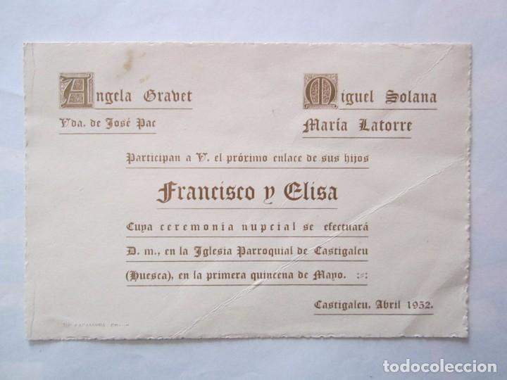 Documentos antiguos: INVITACION DE BODA EN CASTIGALEU 1952 - Foto 1