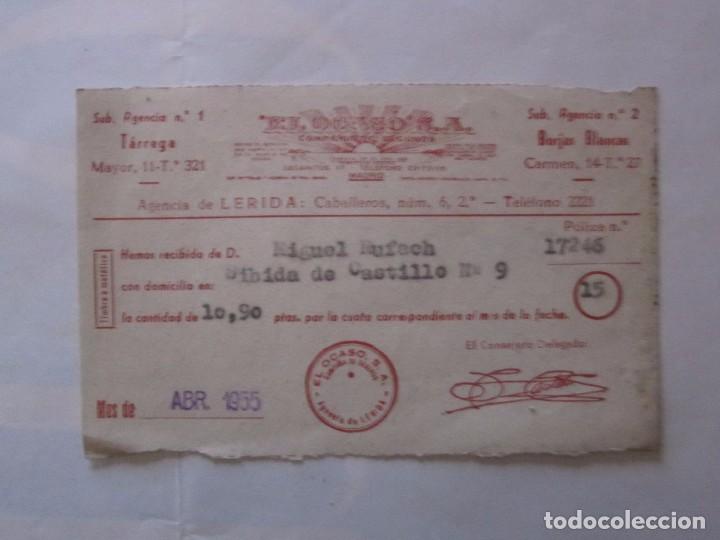 Documentos antiguos: RECIBO CUOTA MENSUAL DE SEGURO 1955 - Foto 1