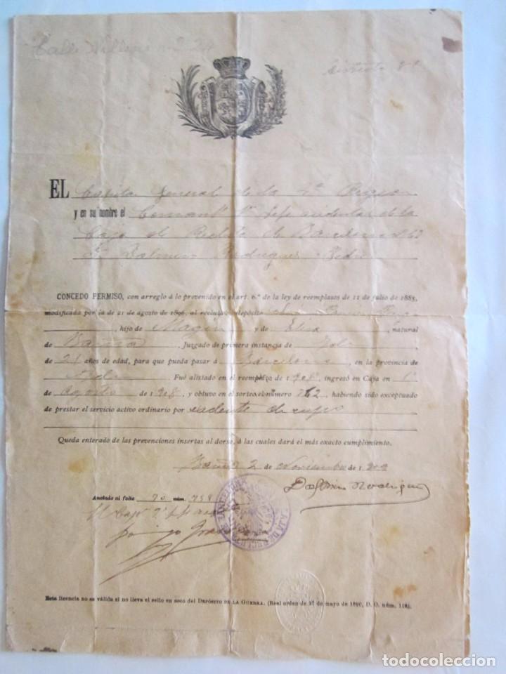 Documentos antiguos: DOCUMENTO MILITAR DE SOLDADO EXCEDENTE DE CUPO Y PASE DE REVISTAS 1909