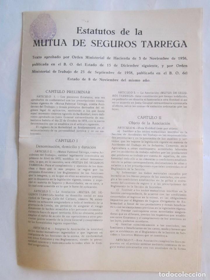 Documentos antiguos: ESTATUTOS DE LA COMPA&Ntilde;IA DE SEGUROS DE TARREGA - Foto 1