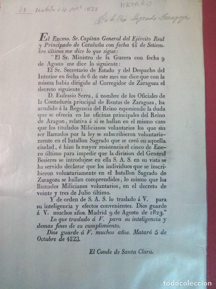 Documentos antiguos: Documento militar de Matar&oacute; del 1823-10-5 - Foto 1