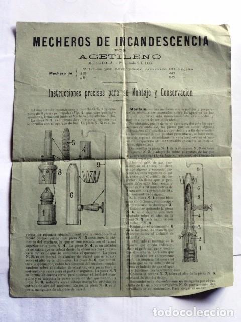 Documentos antiguos: HOJA PUBLICIDAD INSTRUCCIONES DE USO DE MECHEROS DE INCANDESCENCIA POR ACETILENO MOD. OCA (MECHERO)