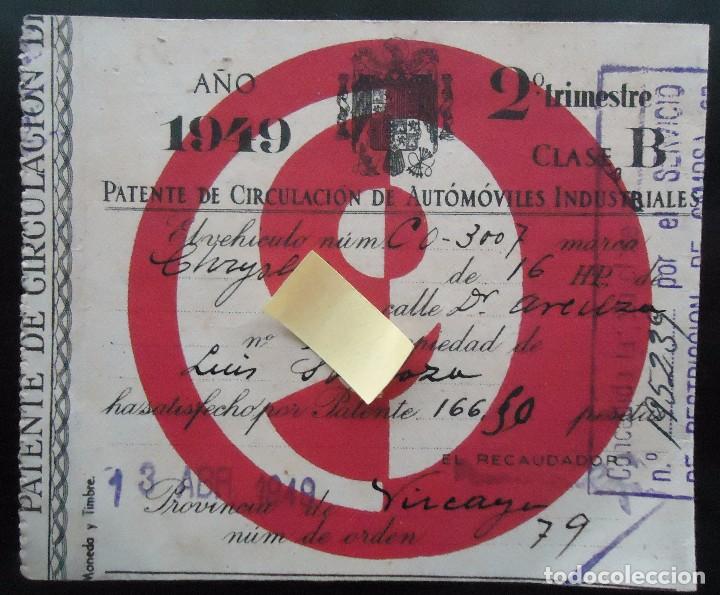 Documentos antiguos: patente circulacion vehiculo industrial bilbao vizcaya camion chrysler permiso conducir franquismo