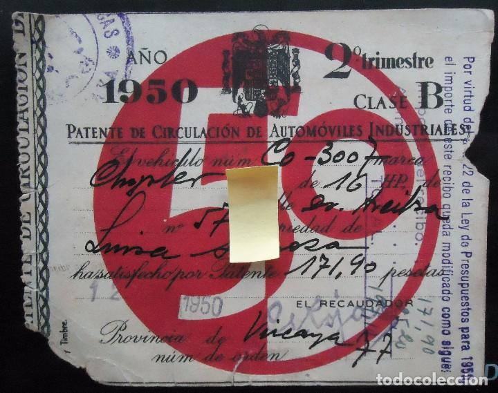 Documentos antiguos: patente circulacion vehiculo industrial bilbao vizcaya camion chrysler permiso conducir franquismo