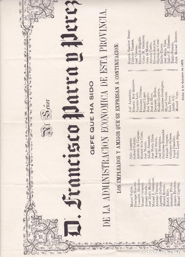 Documentos antiguos: despedida administrador economica de esta provincia Imp. Ib&eacute;rica F. De Arjona 1875 31x35ctms.