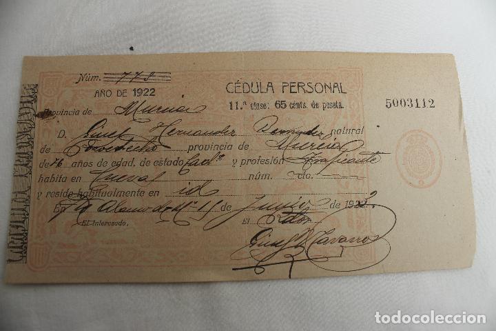 Documentos antiguos: CEDULA PERSONAL, FUENTE ALAMO 1922 - Foto 1