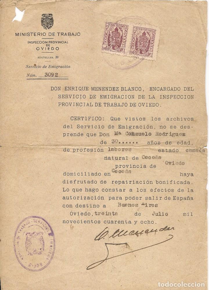 Old Documents: OVIEDO - 1948 CERTIFICADO DEL MIN. DE TRABAJO para natural de CECEDA de NO REPATRIACION BONIFICADA