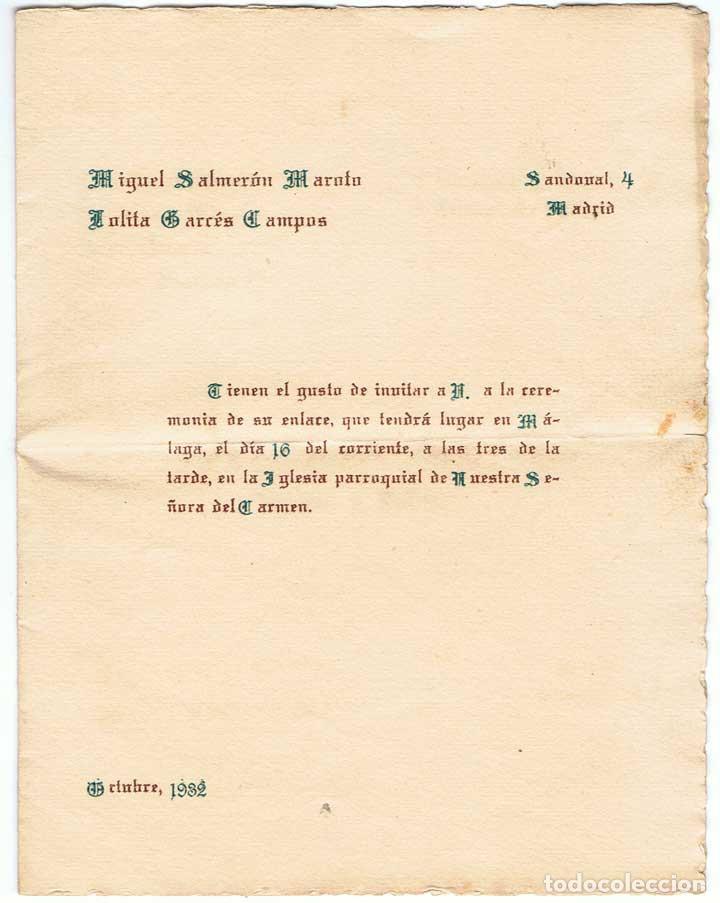 Documentos antiguos: Invitaci&oacute;n de boda de Miguel Salmer&oacute;n Maroto y Lolita Garc&eacute;s Campos. 1932