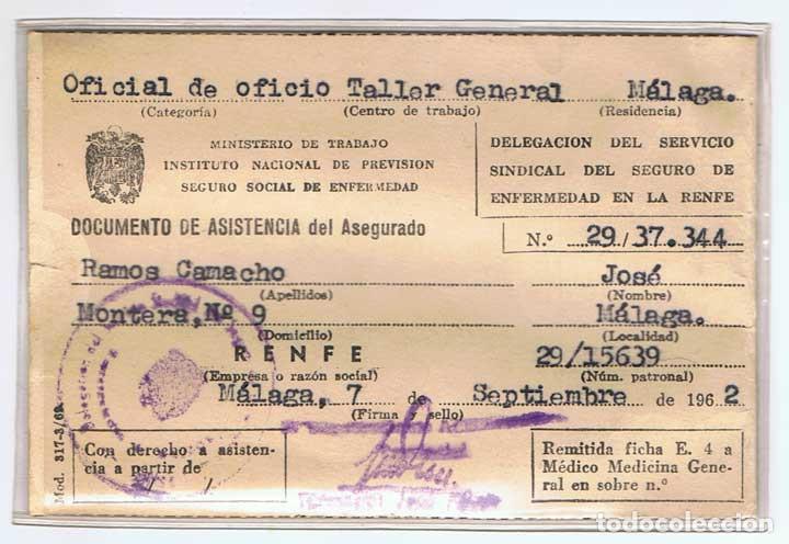 Documentos antiguos: Carnet de Seguro Social. Oficial de oficio Taller General de RENFE. 1962