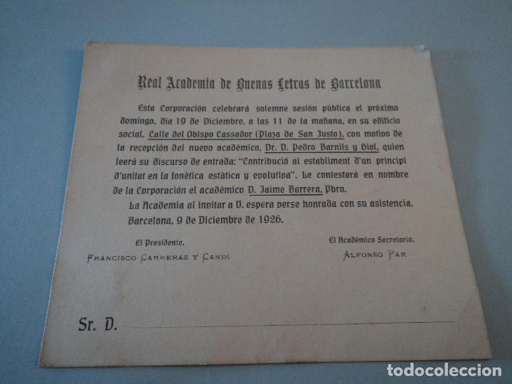 Documents Anciens: invitacion de carreras candi presidente de la real academia de buenas letras de barcelona 1926