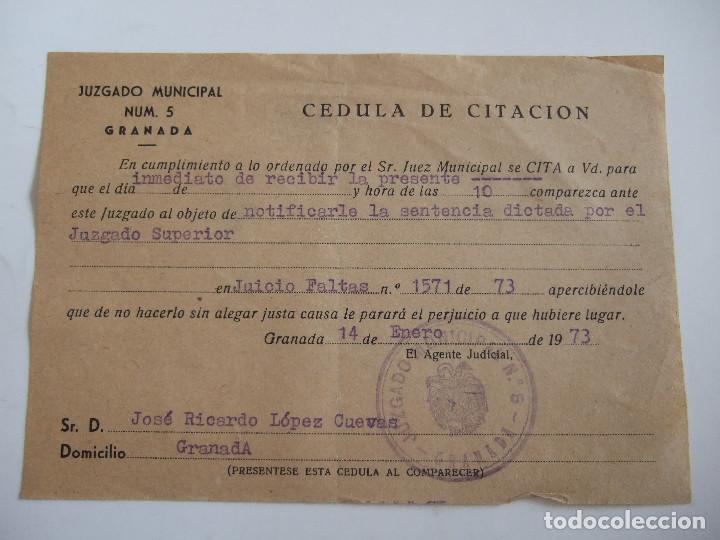 Documentos antiguos: CEDULA DE CITACION DEL JUZGADO DE GRANADA 1973 - Foto 1