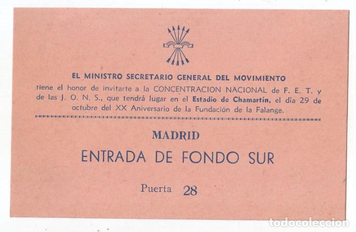 Documents Anciens: INVITACI&Oacute;N CONCENTRACI&Oacute;N NACIONAL DE FALANGE. XX ANIVERSARIO. ESTADIO CHAMART&Iacute;N. MADRID.