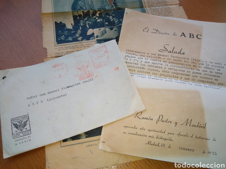 Documentos antiguos: Saluda del director periodico  ABC  RAM&Oacute;N PASTOR Y MENDIVIL MANUEL TORREGROSA, ASPE- 1951