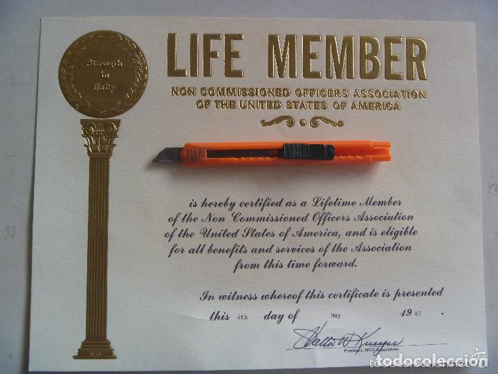 Documentos antiguos: DIPLOMA LIFE MEMBER NON COMMISSIONED OFFICERS ASSOCIATION OF THE UNITED STATES OF AMERICA , 1987.