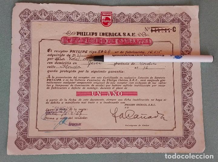 Documentos antiguos: Certificado de garant&iacute;a radio v&aacute;lvulas philips 502 A , a&ntilde;o 1956 - 1957