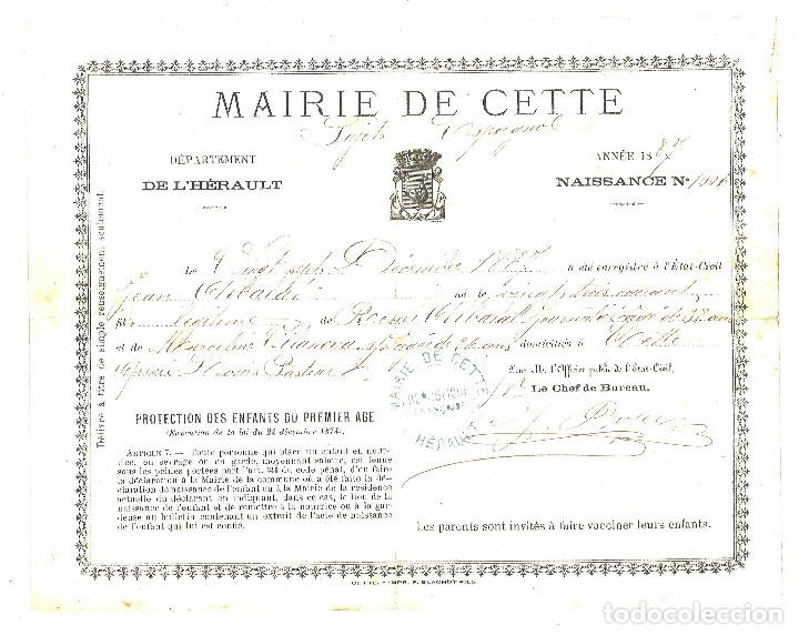 Documentos antiguos: Certificado de nacimiento de 1887 de ni&ntilde;o espa&ntilde;ol en Francia