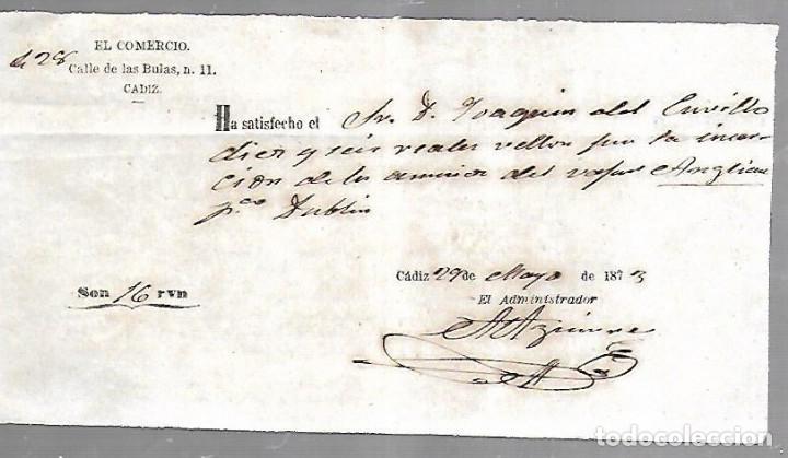 Documents Anciens: DOCUMENTO. PERIODICO EL COMERCIO. CADIZ. RECIBO POR ANUNCIO DE PUBLICIDAD. 1873