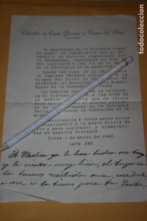 Documentos antiguos: Cieza, Murcia, carta sobre el novenario cofrad&iacute;a de Cristo Yacente y Virgen del Dolor a&ntilde;o 1945
