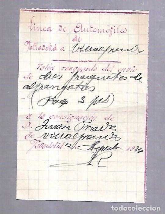 Documentos antiguos: LINEA DE AUTOMOVILES. DE VALLADOLID A VILLALPANDO. 1934. ENVIO DE 10 PAQUETES DE ALPARGATAS