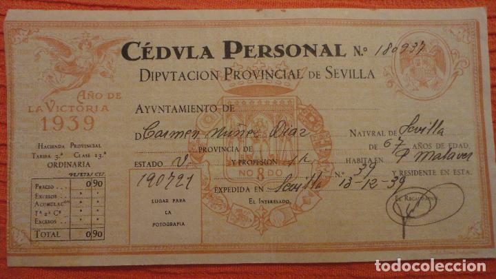 Documentos antiguos: ANTIGUA CELULA PERSONAL.CARMEN NU&Ntilde;EZ DIAZ.SEVILLA 1939 GUERRA CIVIL