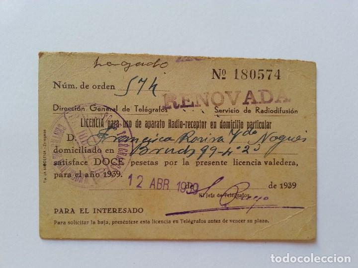 Documenti antichi: LICENCIA DE USO PARA RADIO EN DOMICILIO PARTICULAR. BARCELONA, GUERRA CIVIL