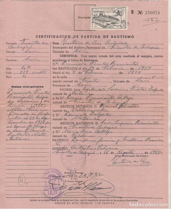 Old Documents: Certificaci&oacute;n partida Bautismo. Vi&ntilde;eta Seminario Leon 1 pts S. de P. Clero diocesano
