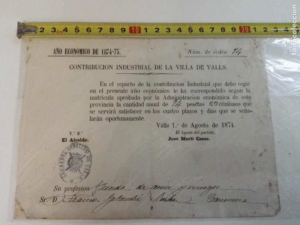 Documentos antiguos: Documento del 1874-75 de la contribuci&oacute;n de la villa de Valls - Foto 1