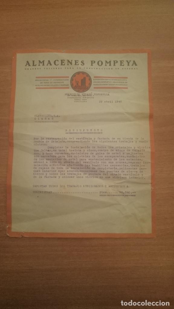 Documentos antiguos: CARTA PRESUPUESTO ALMACENES POMPEYA 29 ABRIL 1942 BARCELONA