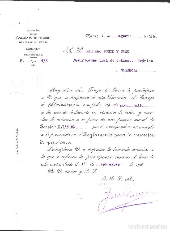 Documentos antiguos: Caminos de Hierro del Norte de Espa&ntilde;a. 1925. Jubilaci&oacute;n de trabajador
