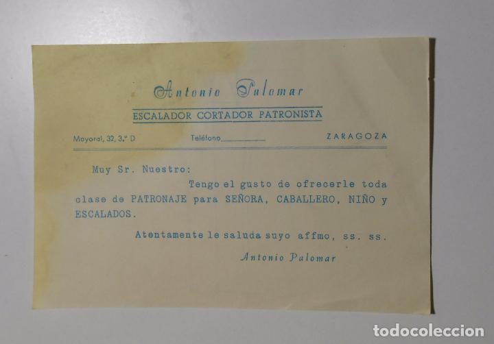 Documents Anciens: TARJETA HOJA DE VISITA ANTONIO PALOMAR. ESCALADOR, CORTADOR PATRONISTA. ZARAGOZA. TDKP2