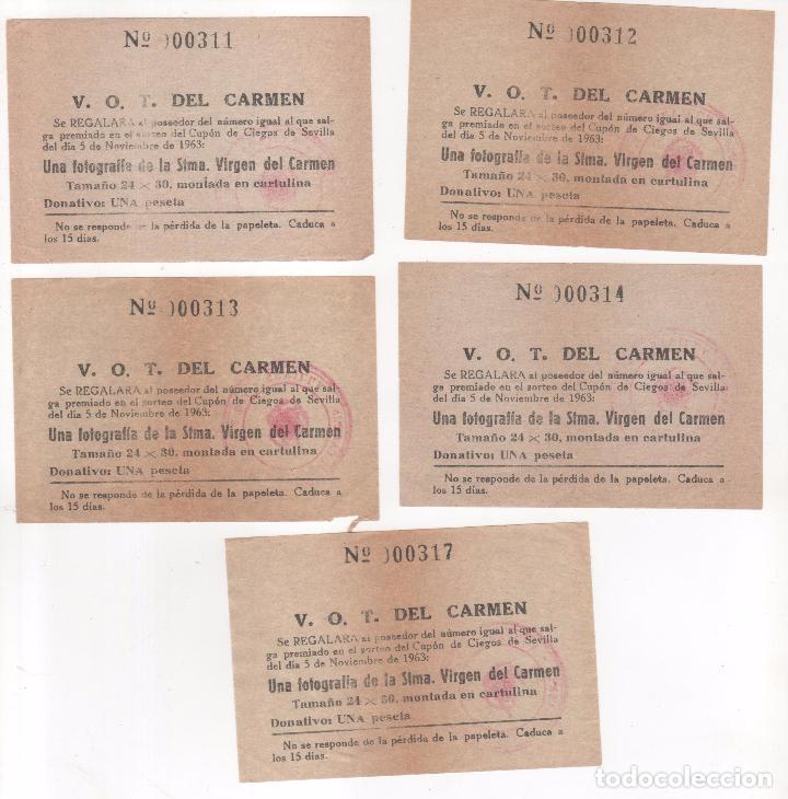 Documentos antiguos: 5 papeletas Subasta fines ben&eacute;ficos Venerable Orden Terceros del Carmen . Sevilla 1963