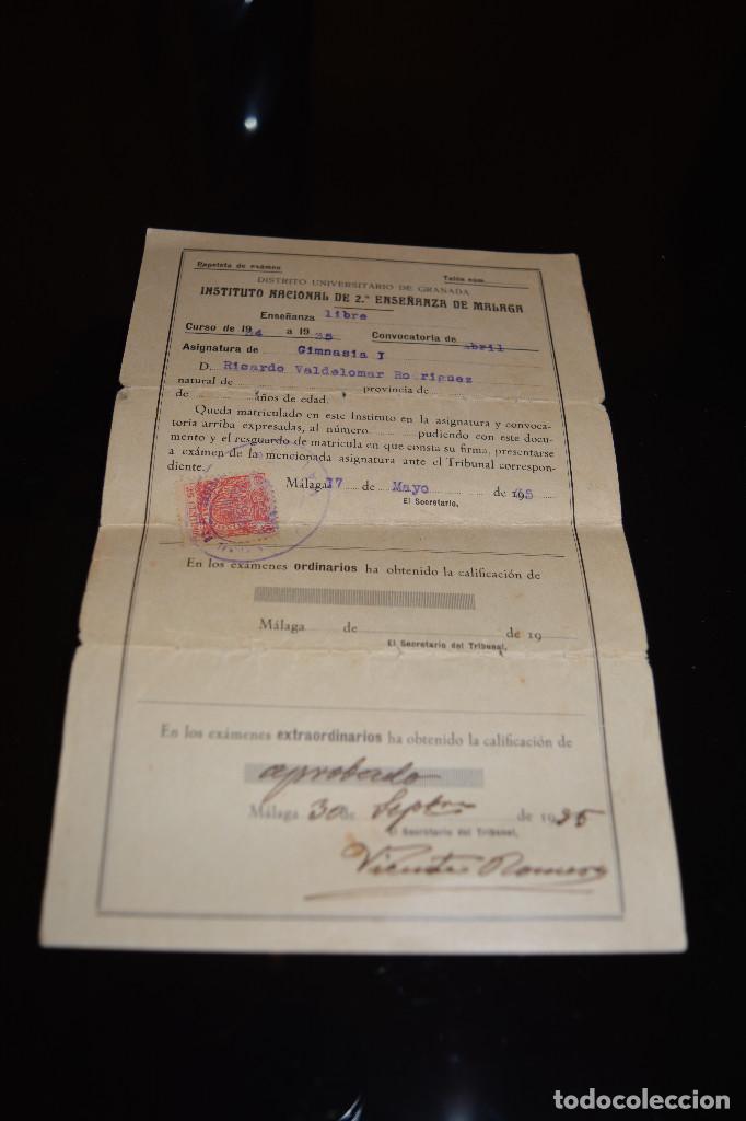 Documenti antichi: PAPELETA PARA EXAMEN DE GIMNASIA DE .INSTITUTO DE SEGUNDA ENSE&Ntilde;ANZA DE MALAGA 1935