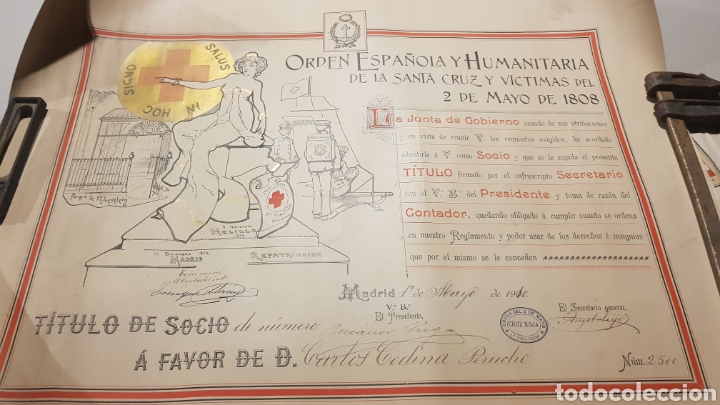Old Documents: ANTIGUO DIPLOMA DE LA ORDEN ESPA&Ntilde;OLA Y HUMANITARIA DE LA SANTA CRUZ Y VICTIMAS DEL DOS DE MAYO