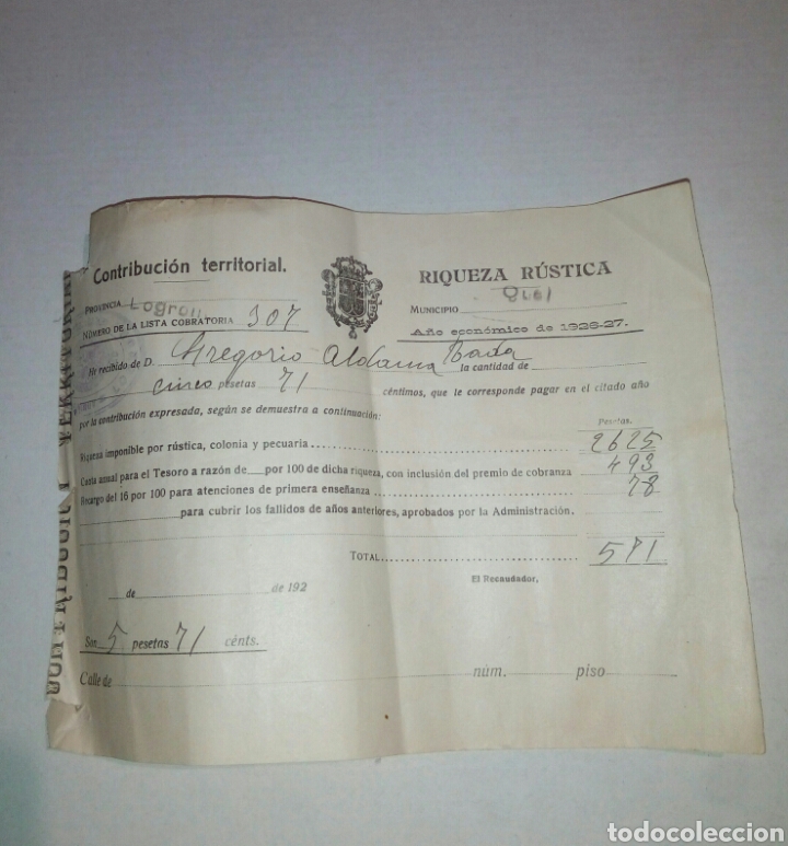 Documents Anciens: Contribucion territorial Logro&ntilde;o Quel 1926