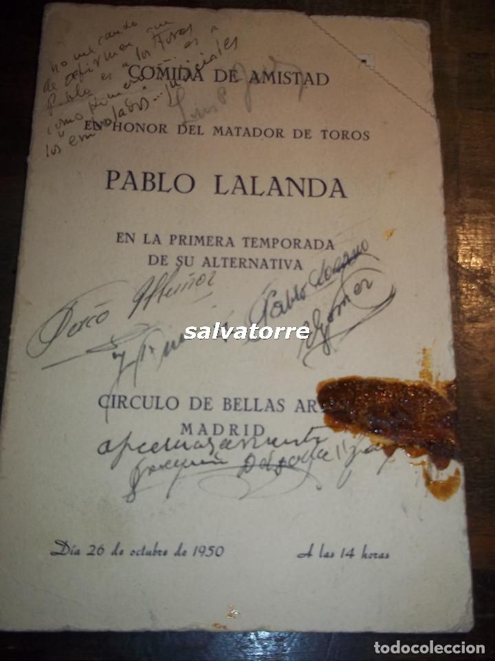 Documentos antiguos: COMIDA TORERO PABLO LALANDA.FIRMADA PREMIO NOBEL JACINTO BENAVENTE.LALANDA,ETC. TAUROMAQUIA.TOROS