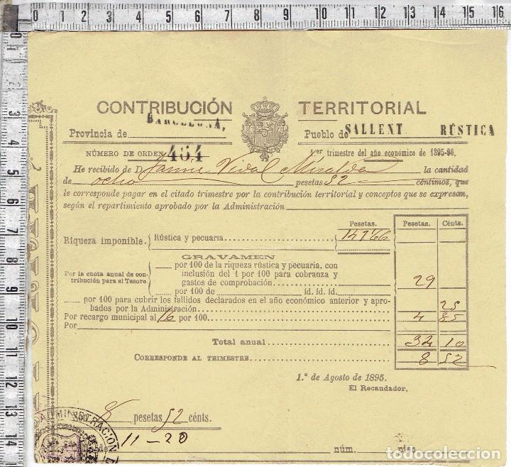 Documentos antiguos: RECIBO CONTRIBUCION TERRITORIAL PROVINCIA DE BARCELONA-PUEBLO DE SALLENT1895/96.