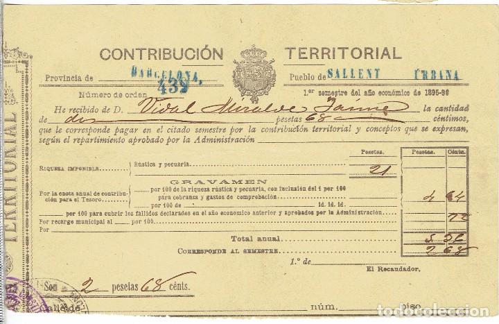 Documentos antiguos: RECIBO CONTRIBUCION TERRITORIAL PROVINCIA DE BARCELONA-PUEBLO DE SALLENT1895/96.