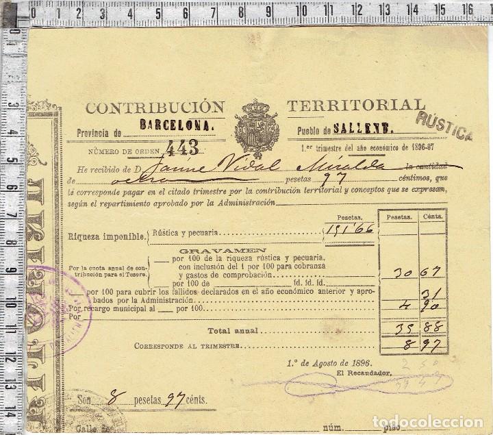 Documentos antiguos: RECIBO CONTRIBUCION TERRITORIAL PROVINCIA DE BARCELONA-PUEBLO DE SALLENT1896/97.