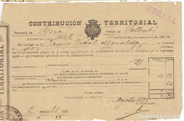 Documentos antiguos: RECIBO CONTRIBUCION TERRITORIAL PROVINCIA DE BARCELONA-PUEBLO DE SALLENT1897/98.