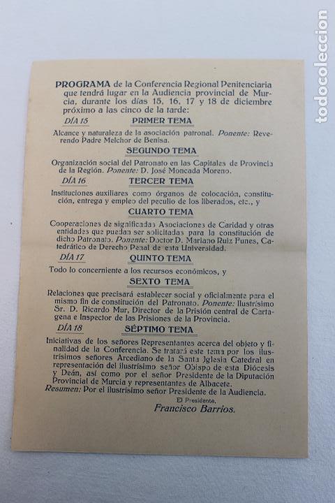 Documentos antiguos: PROGRAMA CONFERENCIA REGIONAL PENITENCIARIA MURCIA 1916 - Foto 2
