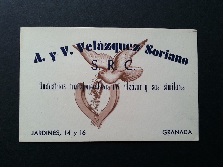 Documentos antiguos: TARJETA- FABRICA DE AZ&Uacute;CAR VEL&Aacute;ZQUEZ SORIANO. GRANADA