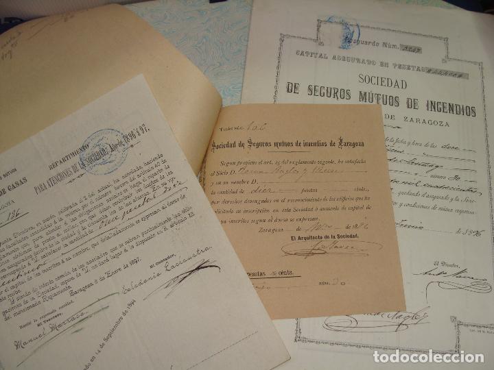 Documentos antiguos: PRECIOSA POLIZA Y 3 DOCUMENTOS 1896. SOCIEDAD SEGUROS INCENDIOS EDIFICIOS ZARAGOZA. FIRMA YARZA