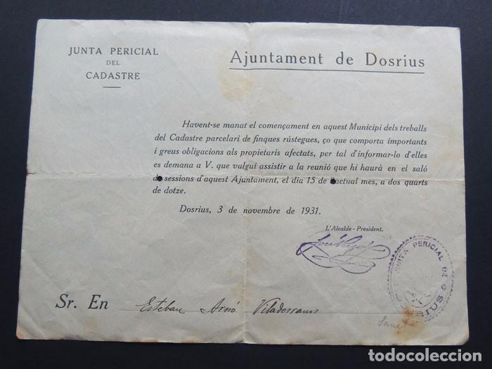 Documentos antiguos: DOSRIUS ( BARCELONA ) / DOCUMENTO JUNTA PERICIAL DEL CADASTRE / A&Oacute; 1931 - Foto 1