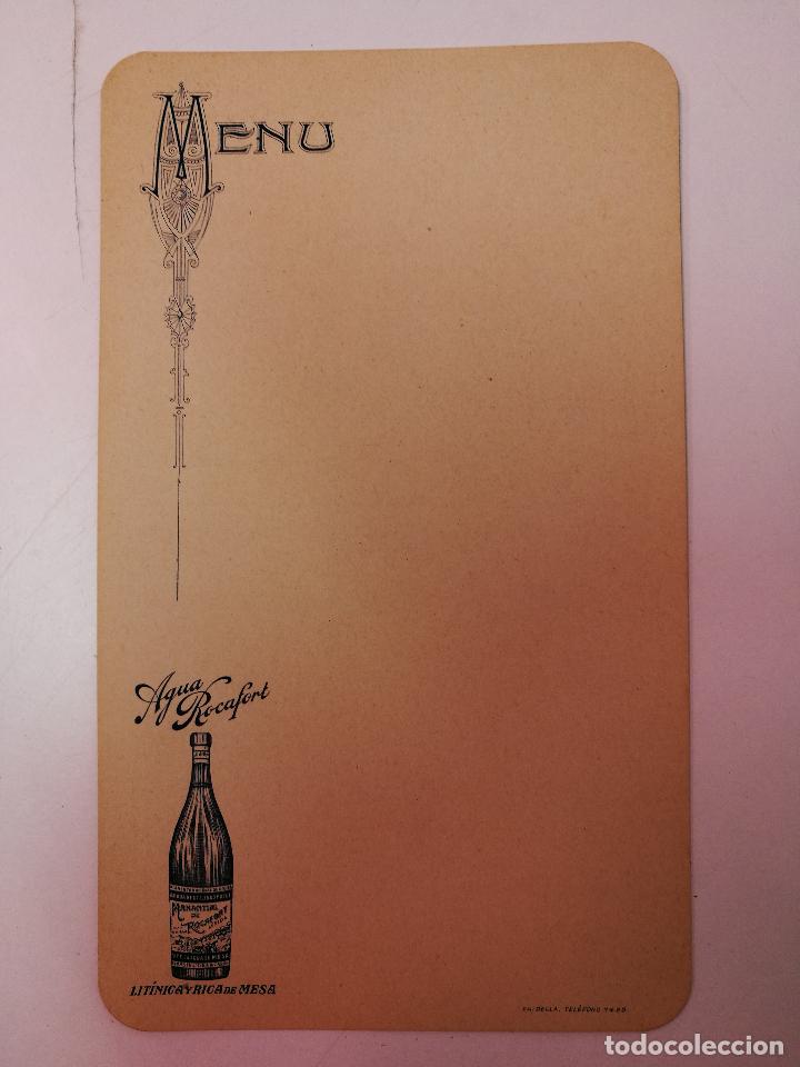 Documentos antiguos: AGUA ROCAFORT, MENU. MEDIDAS 20CM.X12CM. - Foto 1