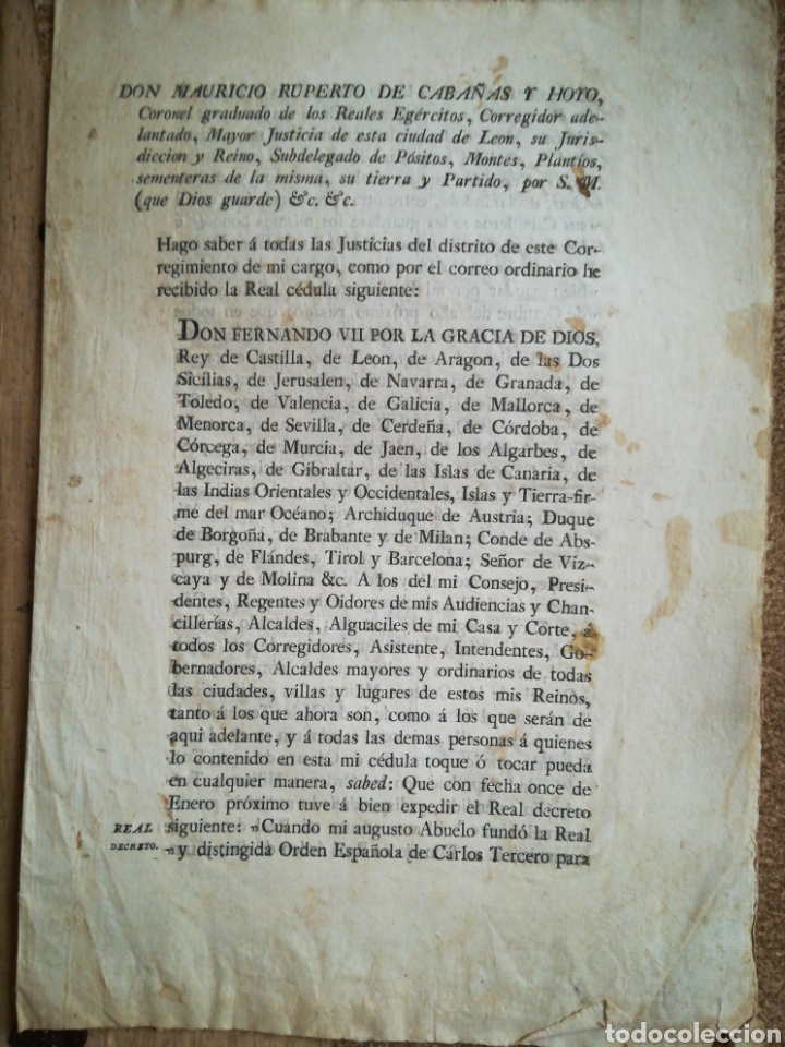 Documentos antiguos: Real C&eacute;dula Orden Carlos III Le&oacute;n 1817 - Foto 1