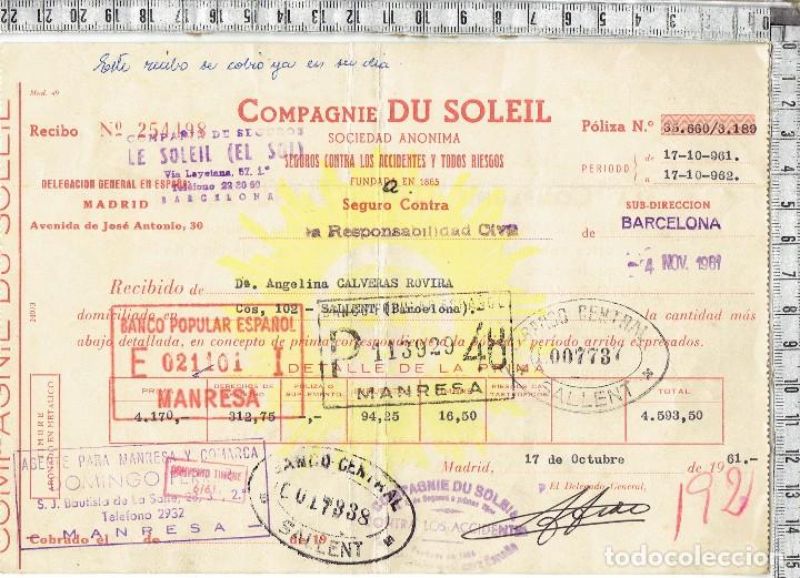Documentos antiguos: RECIBO COMPA&Ntilde;IA DE SEGUROS DU SOLEIL - 1961/2. - Foto 1